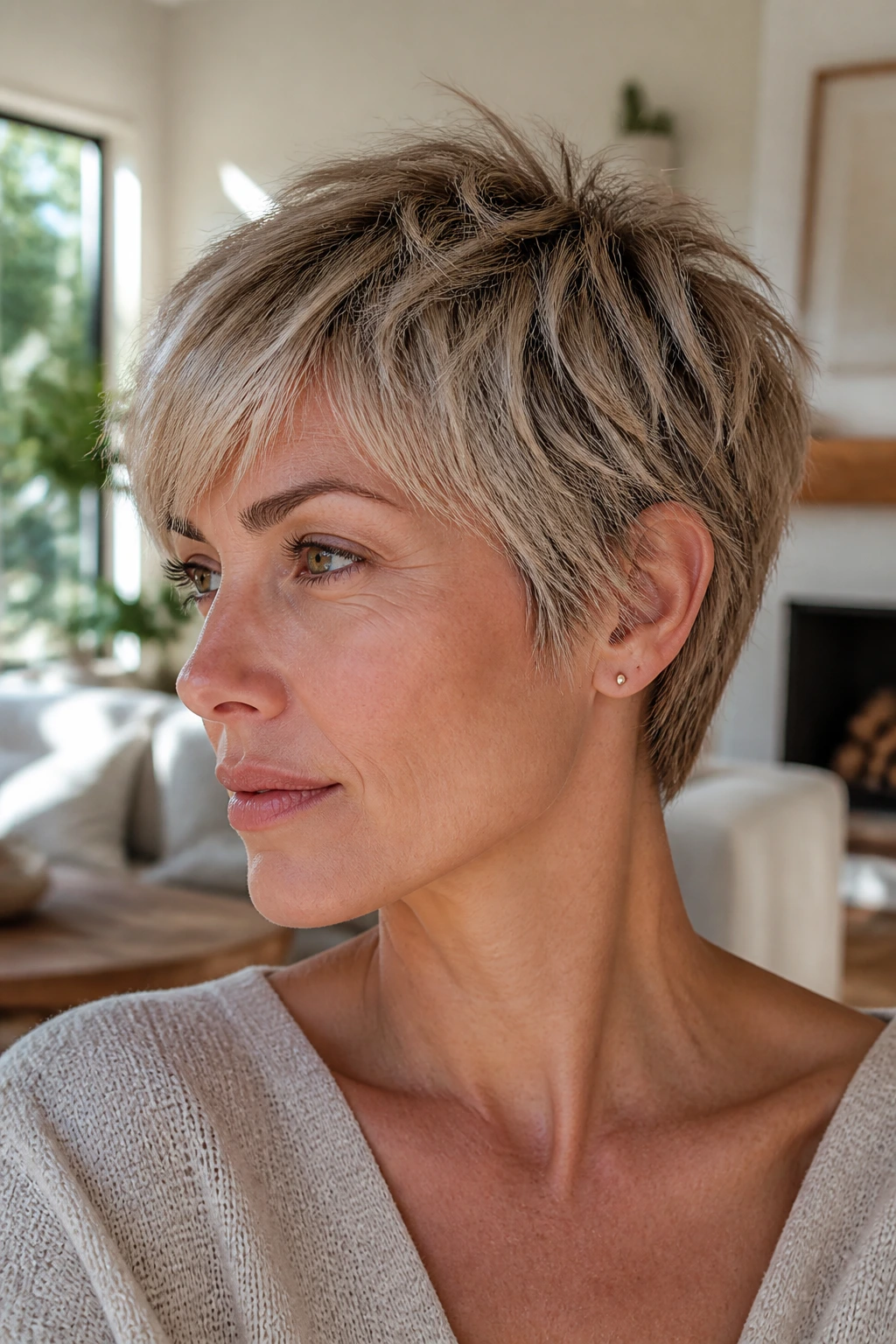 Close-up portrait of a real person with a Razored Pixie with Wispy Ends hairstyle