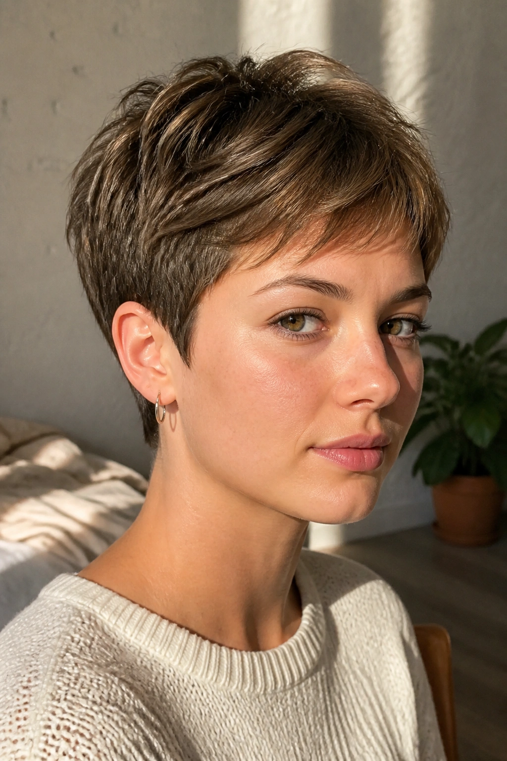 Close-up of a real girl with a classic pixie with soft tapered sides, warm window light.