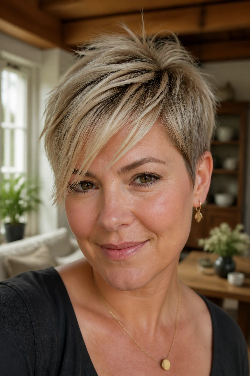 Close-up portrait of a real woman with Piecey Pixie with Side-Swept Bangs for Round Faces