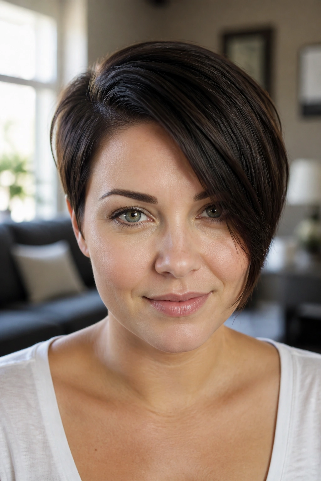 Close-up portrait of a real woman with a deep side-part pixie for round faces, diagonal front piece
