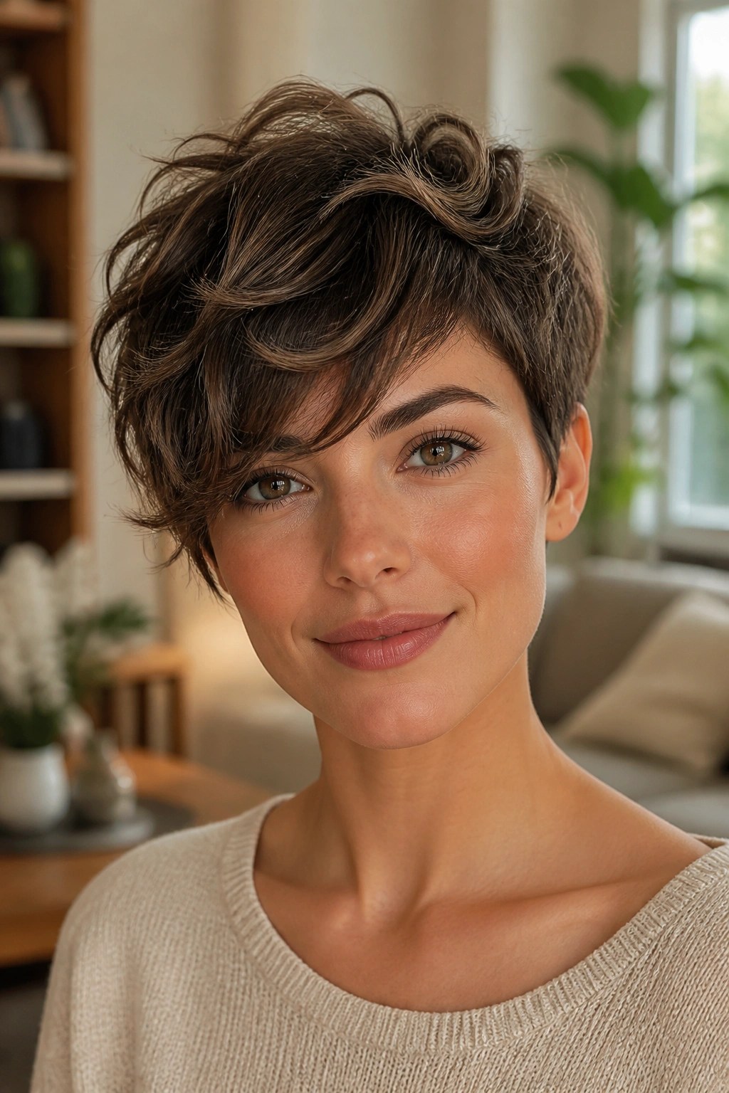 Close-up portrait of a real woman with a side-swept textured pixie cut for a round face