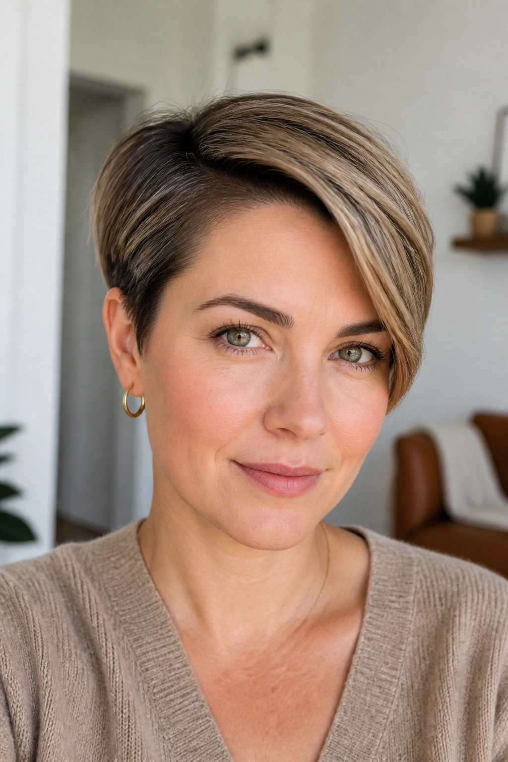 Real woman with a side-part pixie cut in a bright interior