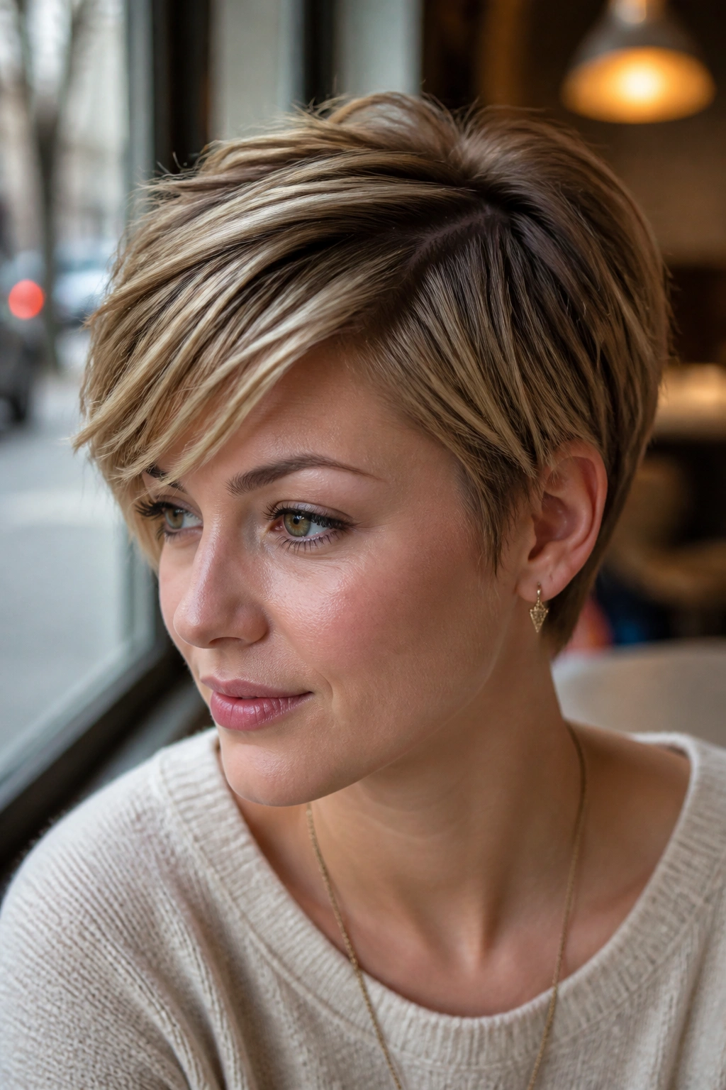 Close-up of a real woman with a deep side part and a soft, side-swept pixie