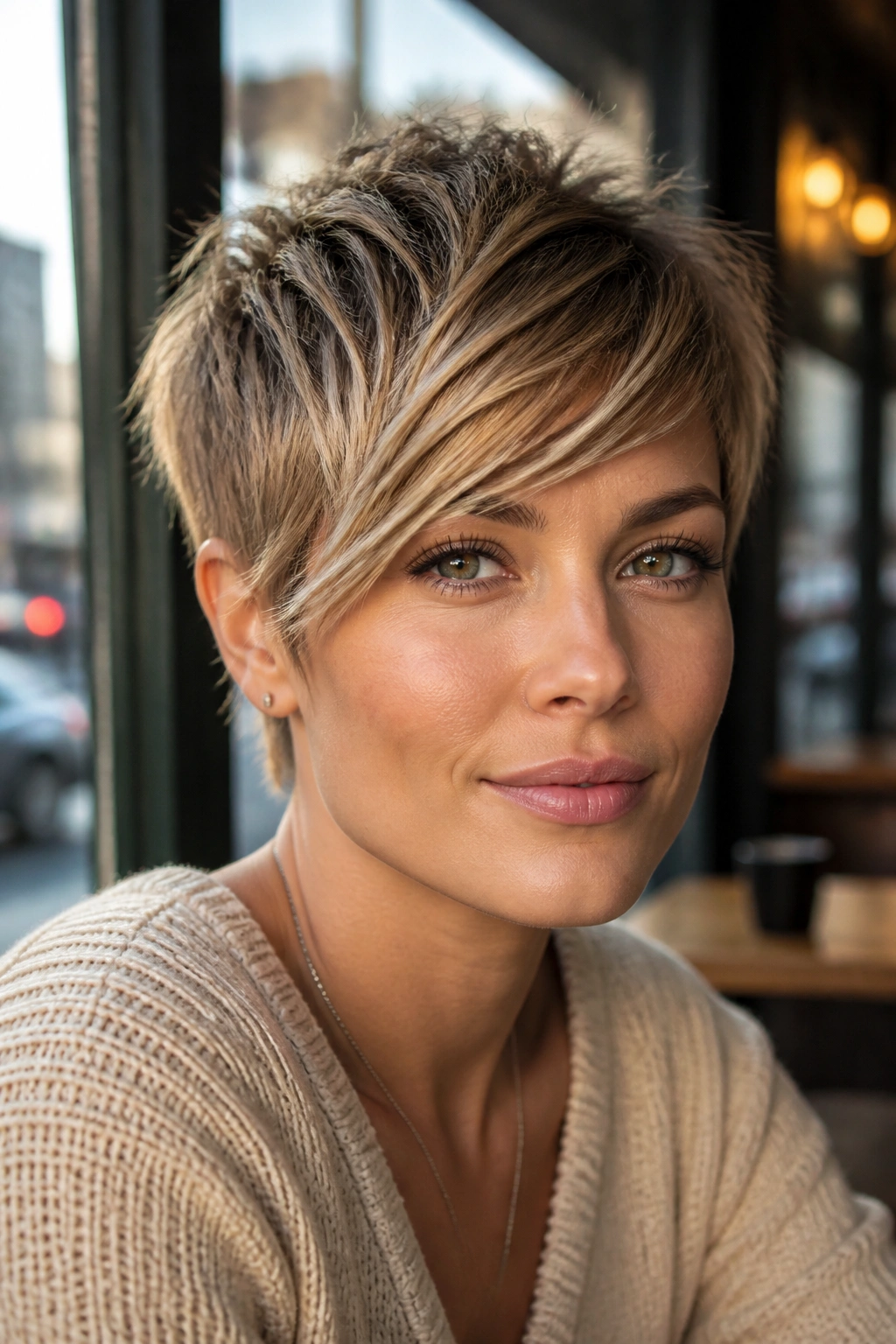 Real woman with side-swept pixie and feathered ends in warm cafe light