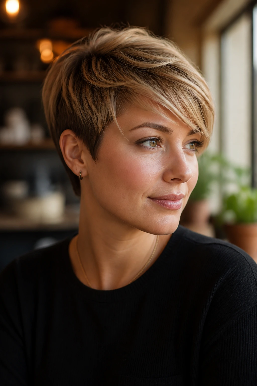 Portrait of a real woman with a pixie cut and side-swept fringe