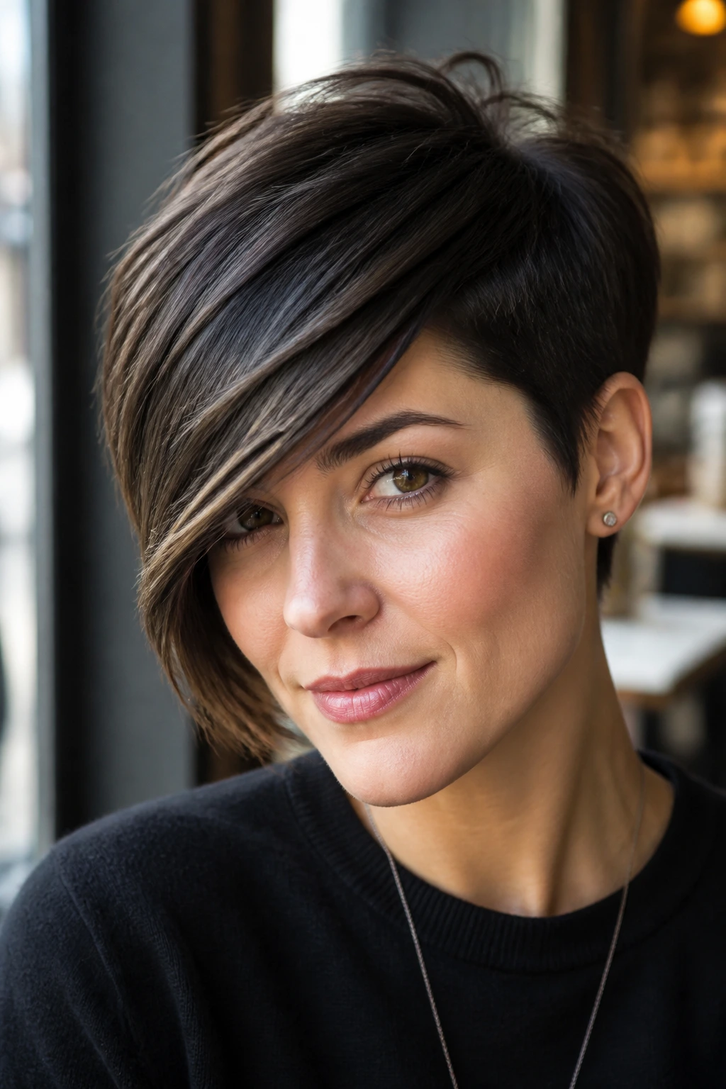 Close-up of a real woman with a deep-side swept pixie fringe.