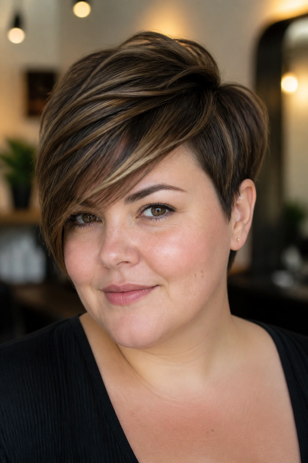 Close-up of a real woman with a long pixie and side-swept fringe in warm salon lighting