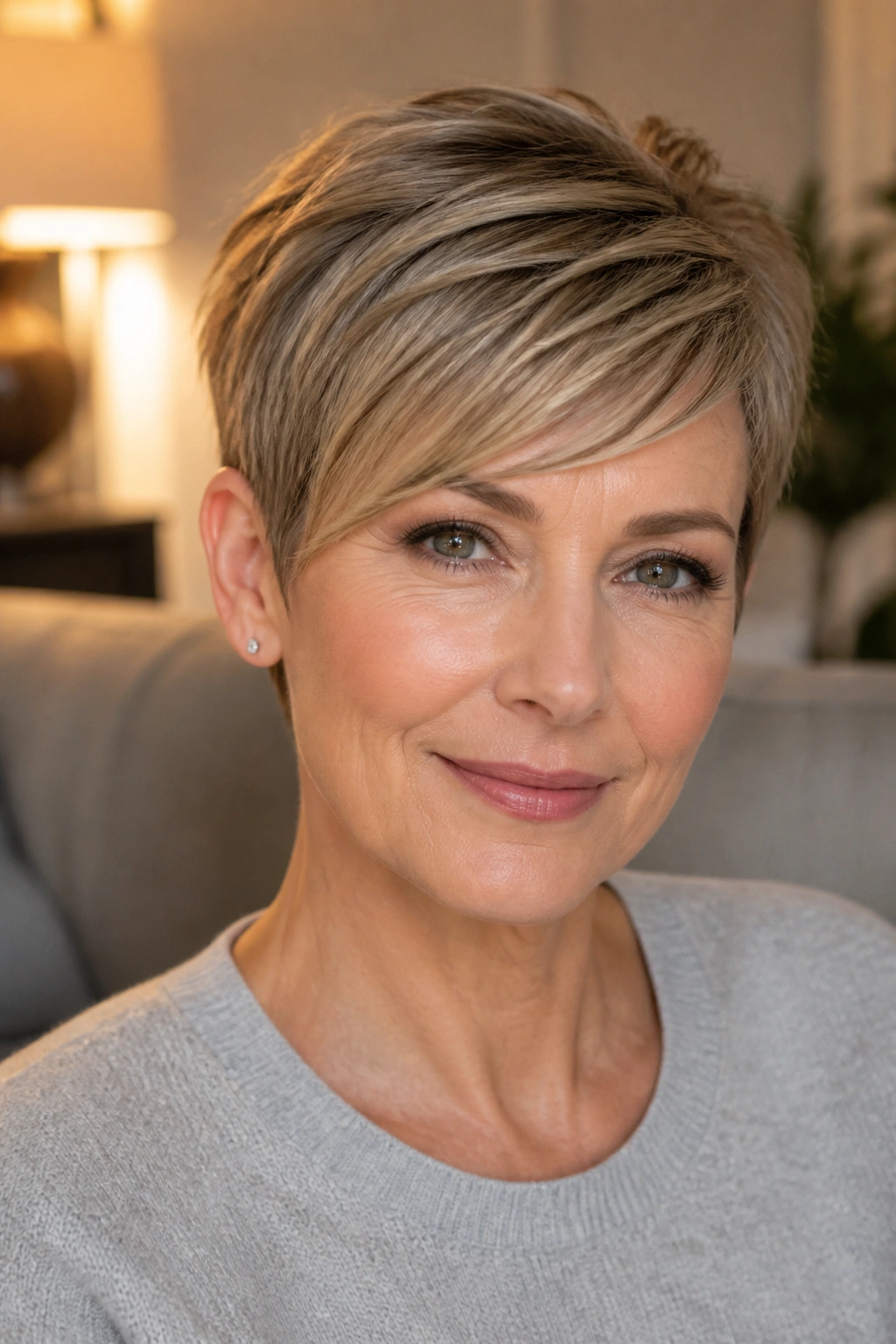 Portrait of a woman with a pixie cut and side-swept fringe in warm light.
