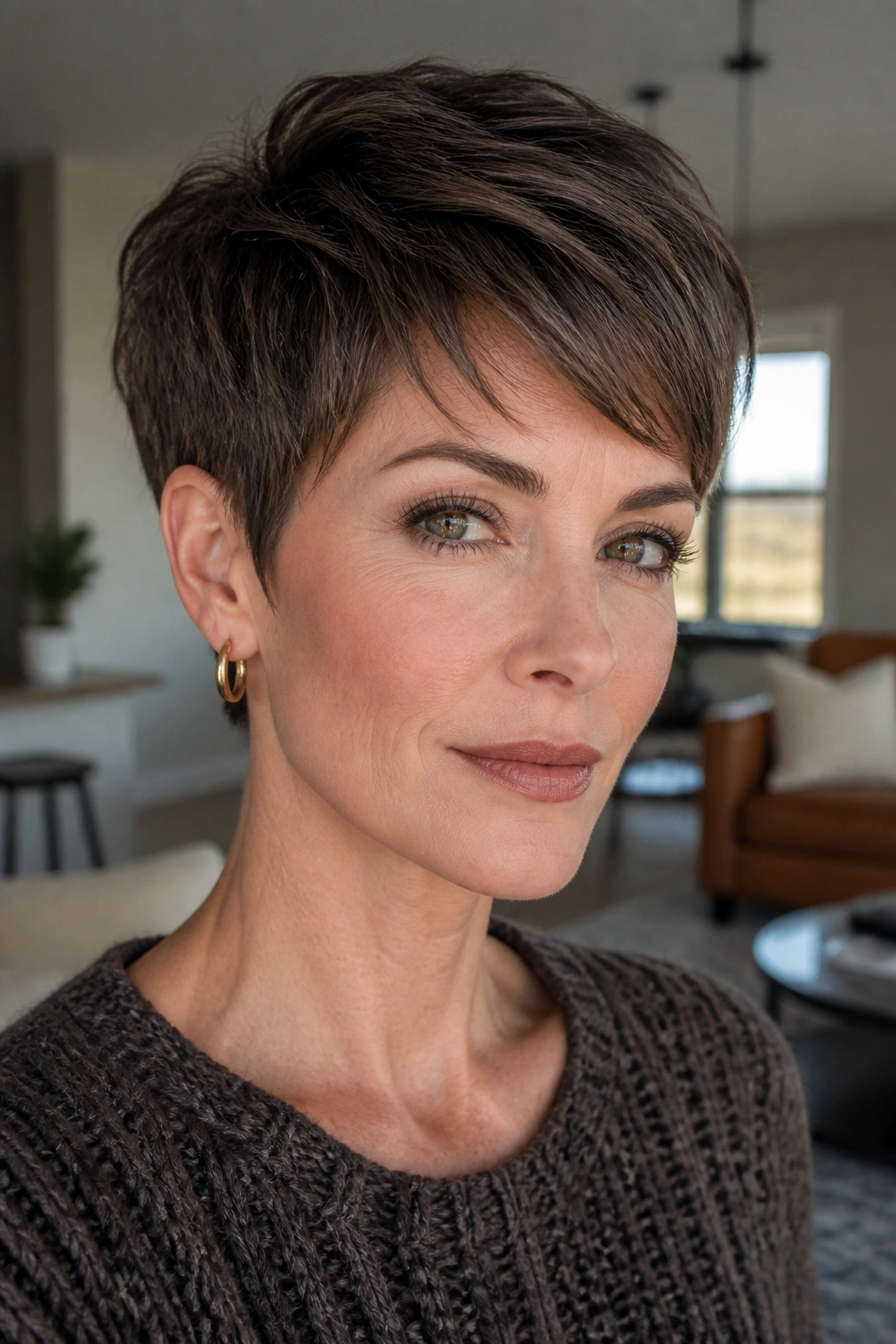 Close-up portrait of a real woman with smoky mocha-chestnut pixie on cool skin