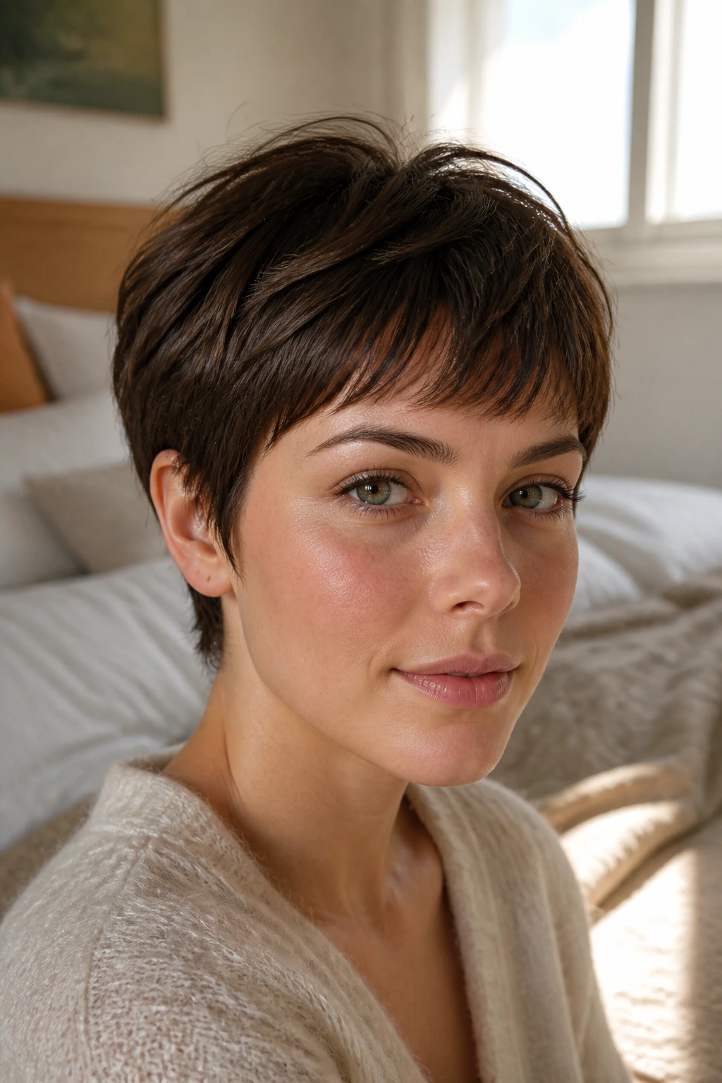 Close-up portrait of a real person with a French Pixie with Soft Perimeter hairstyle