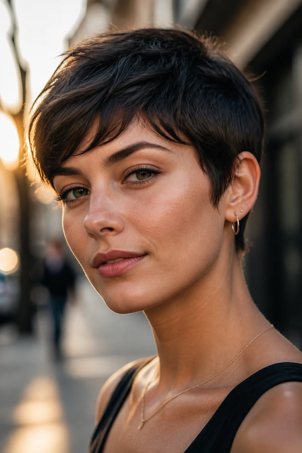 Close-up of a real woman with a pixie cut featuring soft side length.