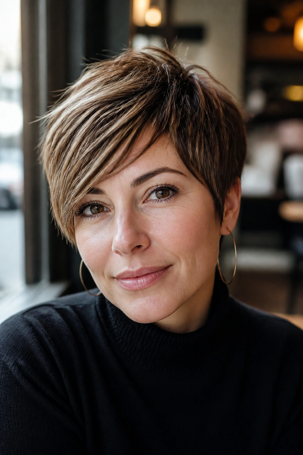 Close-up portrait of a real woman with a soft crop pixie and sweeping front across the forehead.