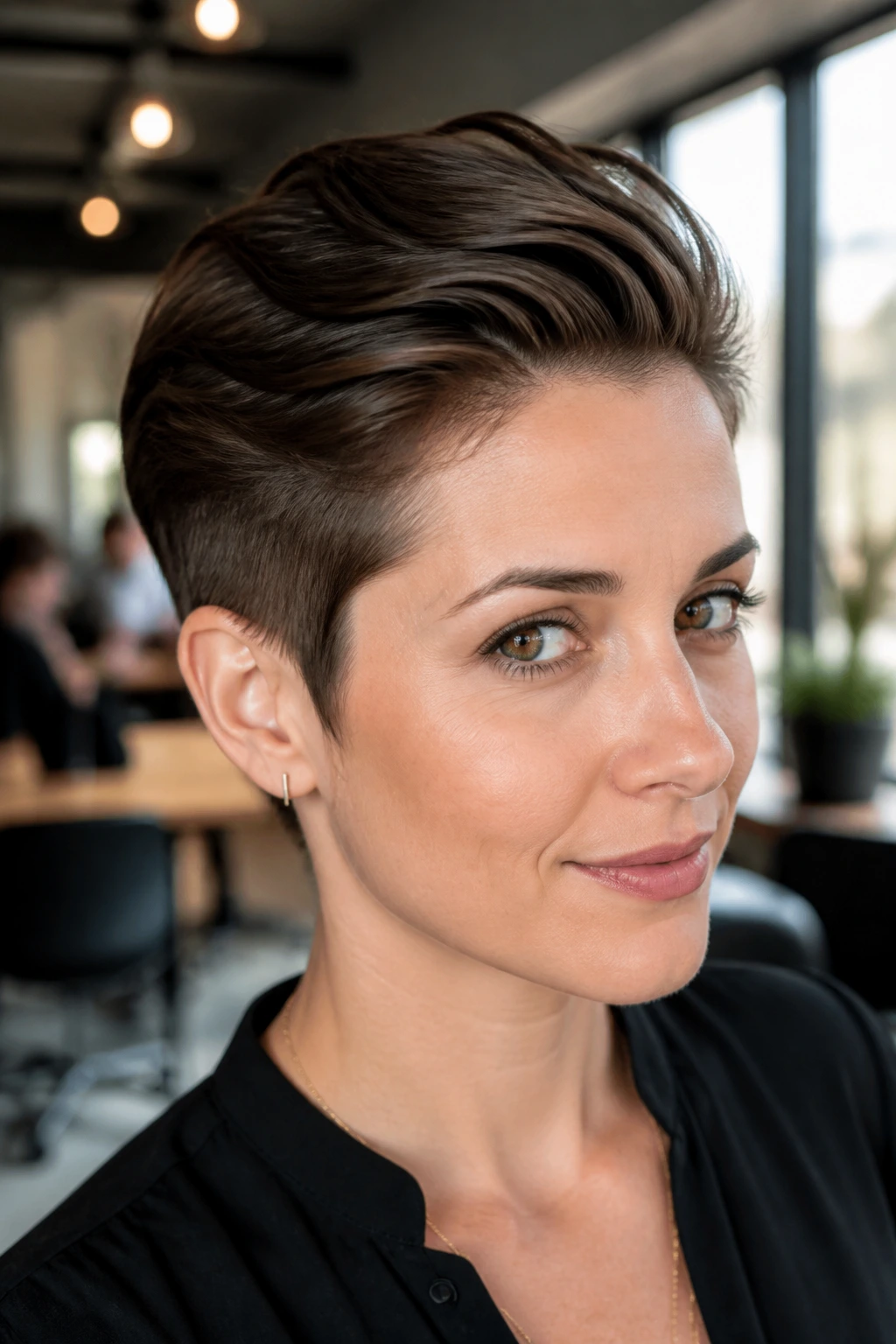 Close-up portrait of a real person with a Swept-Back Pixie with Clean Lines hairstyle