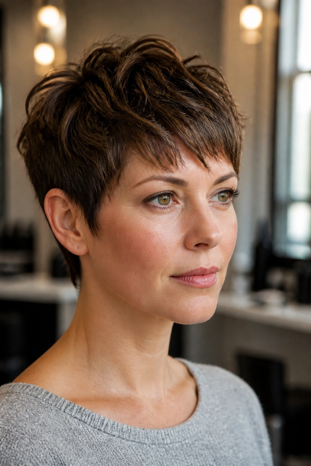 Close-up portrait of a real person with a textured pixie cut in warm window light.