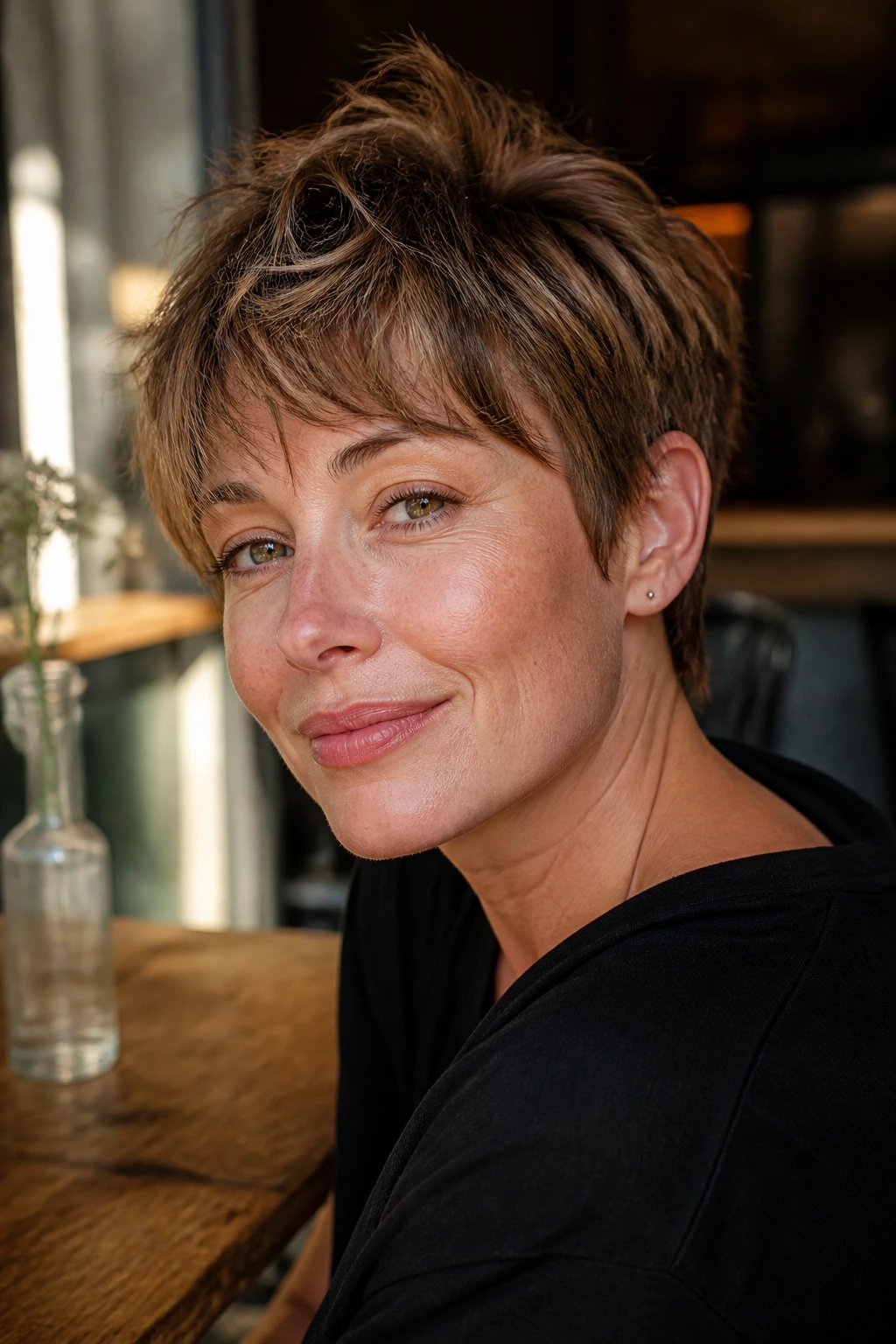 Close-up portrait of a real woman with a Tousled French Pixie hairstyle in warm window light