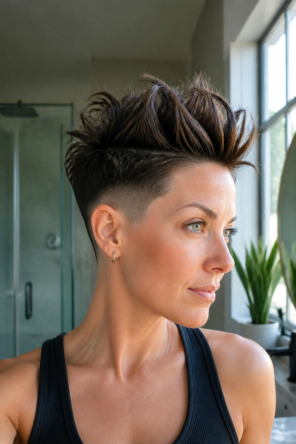 Close-up of a real woman with an undercut pixie and taller crown in bathroom light