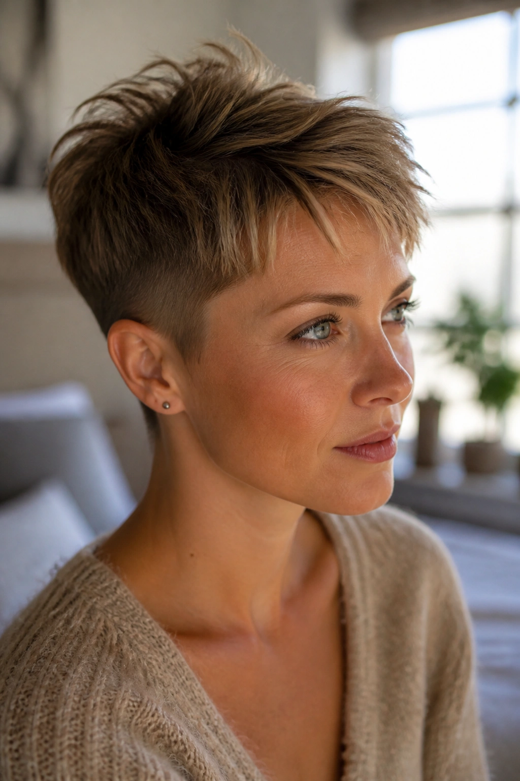 Close-up of a real person with a choppy pixie cut featuring a longer top and soft undercut
