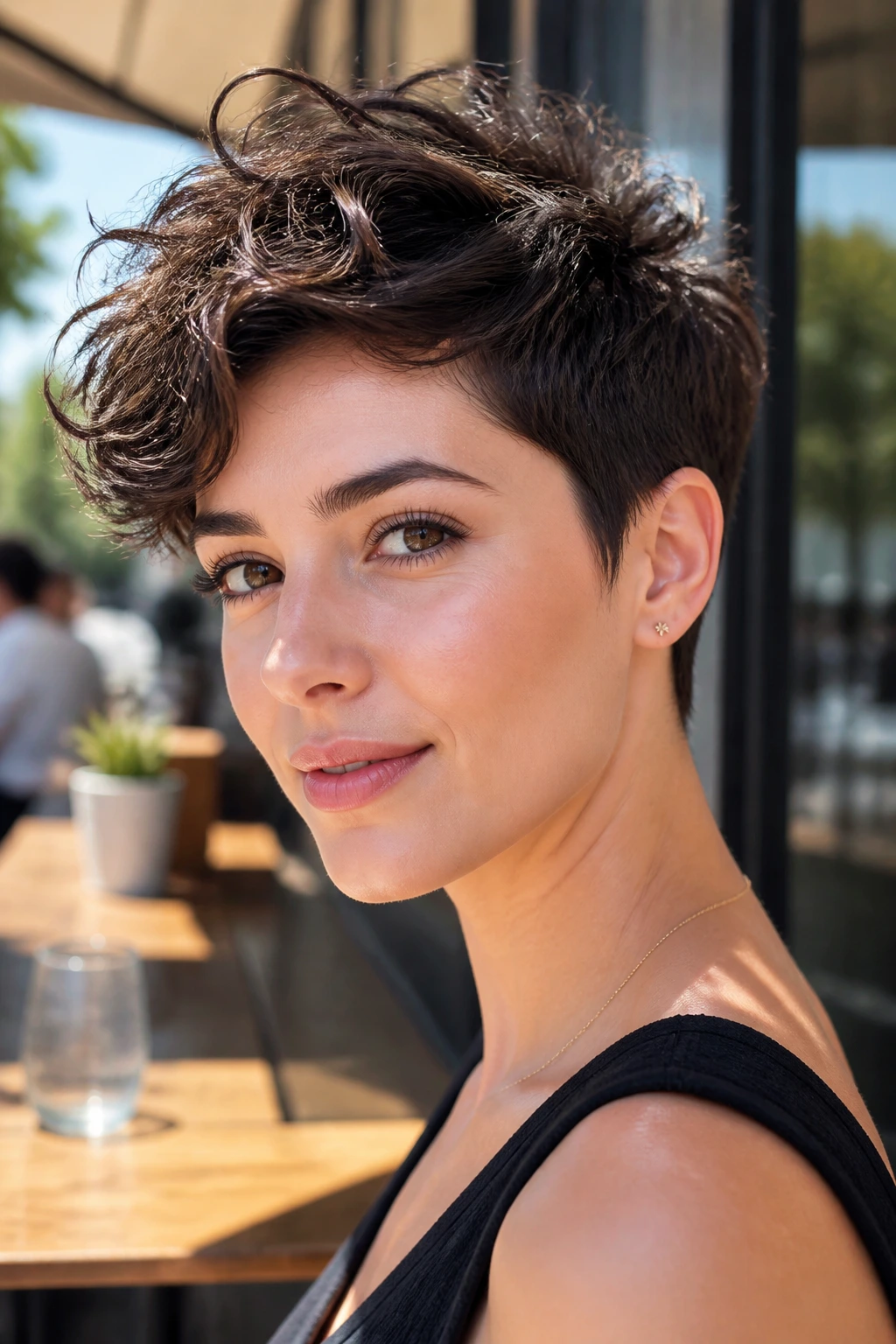 Close-up of real woman with wavy long-top pixie in natural light