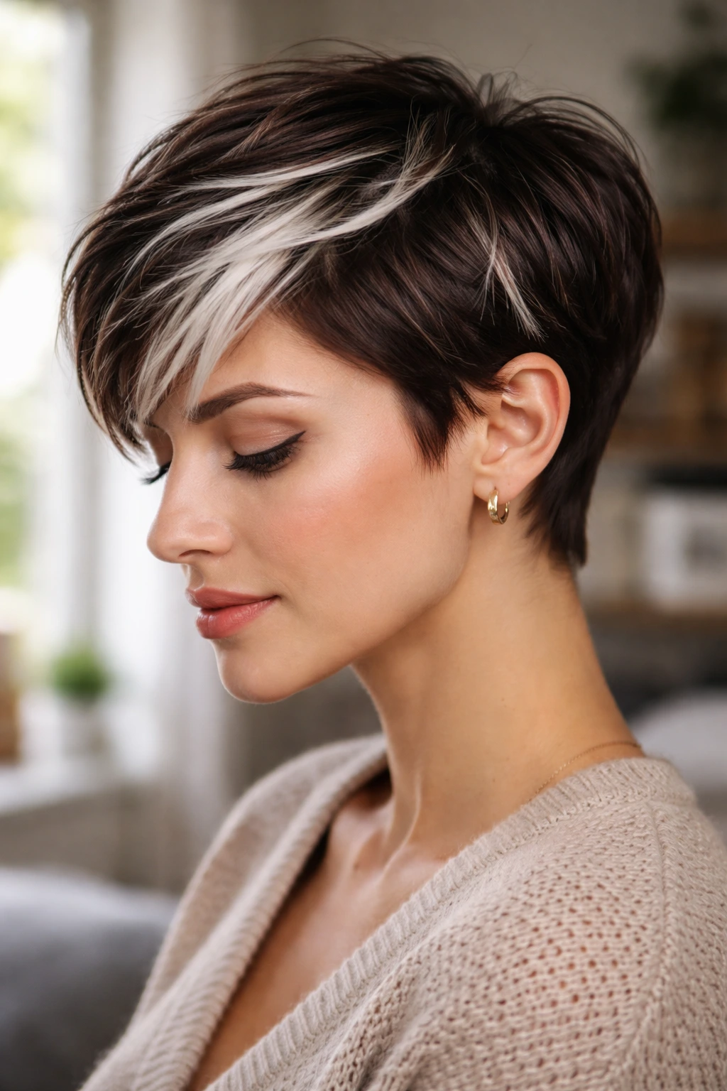 Close-up portrait of a real woman with white highlights on a pixie cut