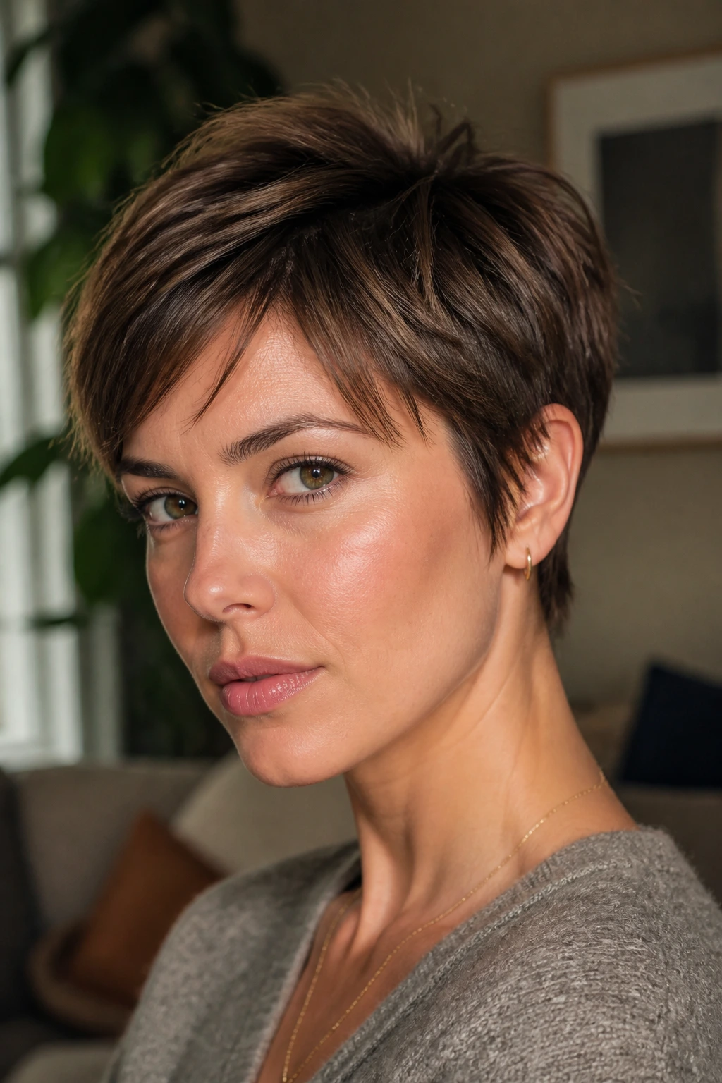 Close-up of real woman with grown-out pixie and wispy ends in natural light