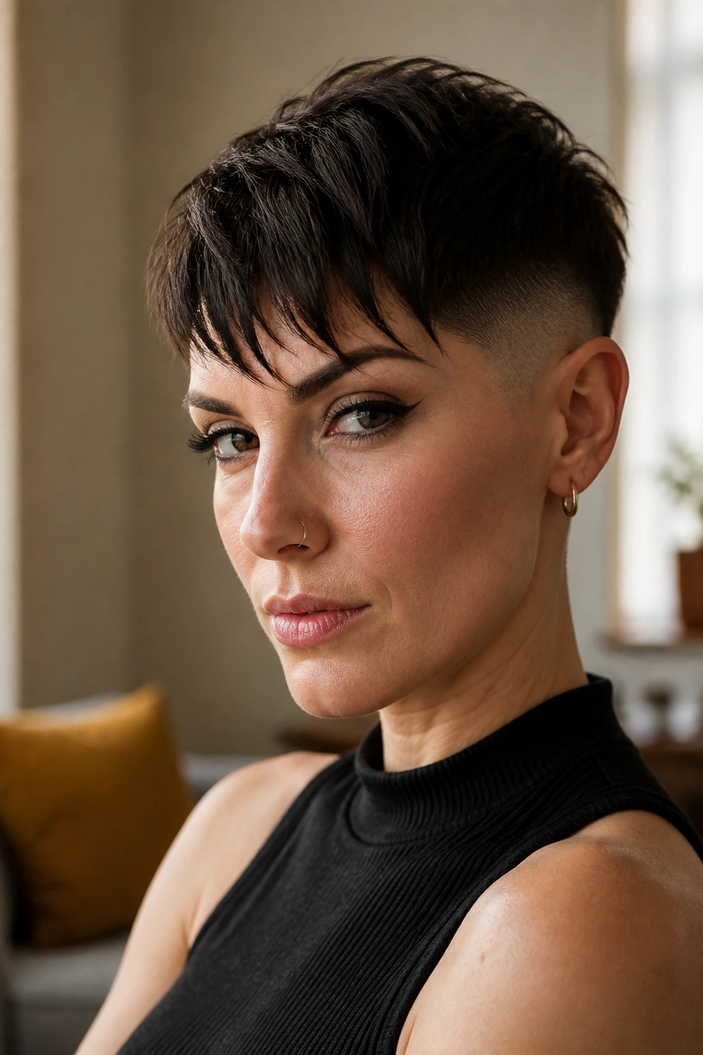 Close-up portrait of a real woman with a disconnected pixie cut, long top and short sides, high contrast.