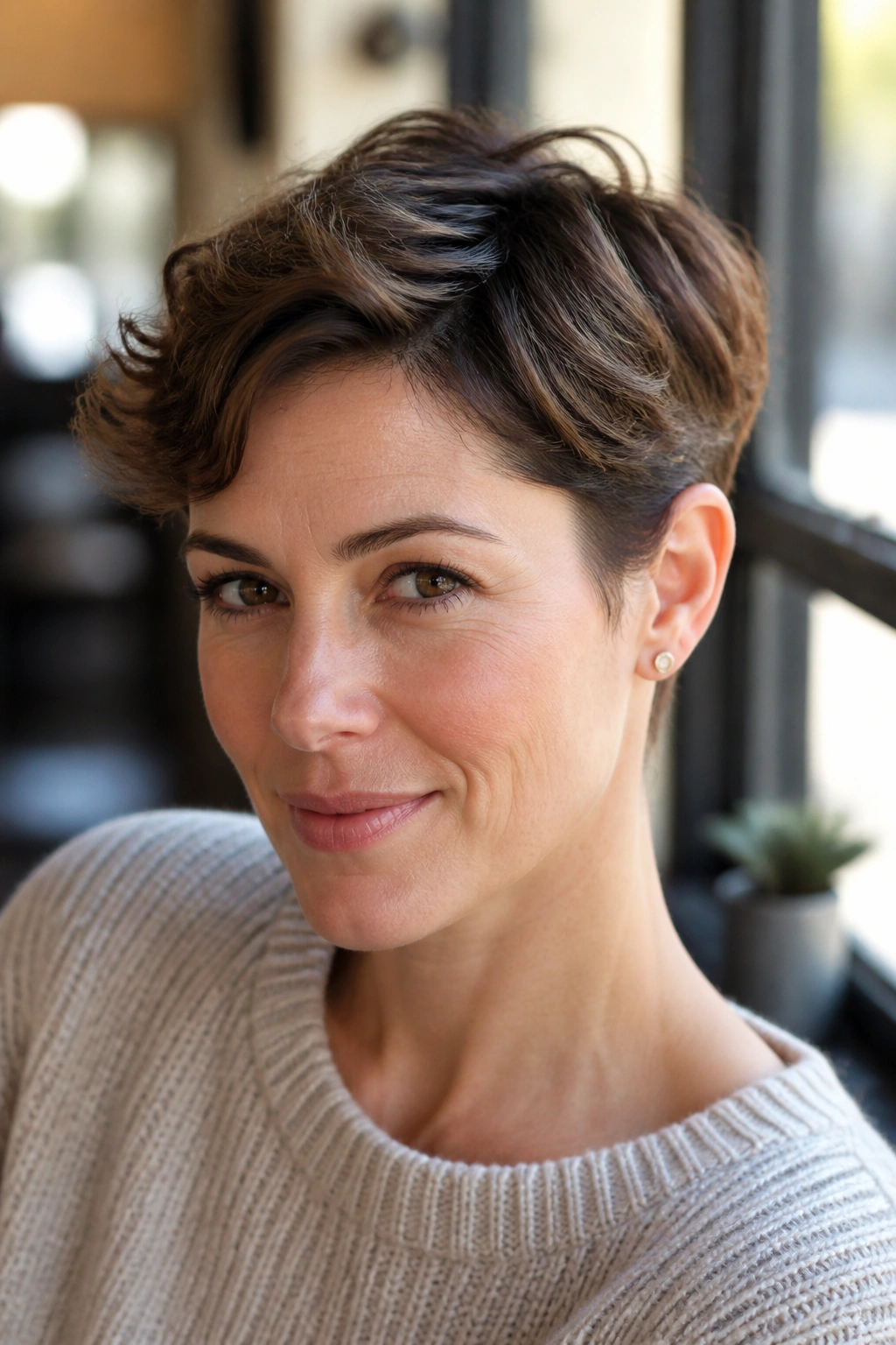 Real woman with ear-tucked classic pixie showing neat jawline.