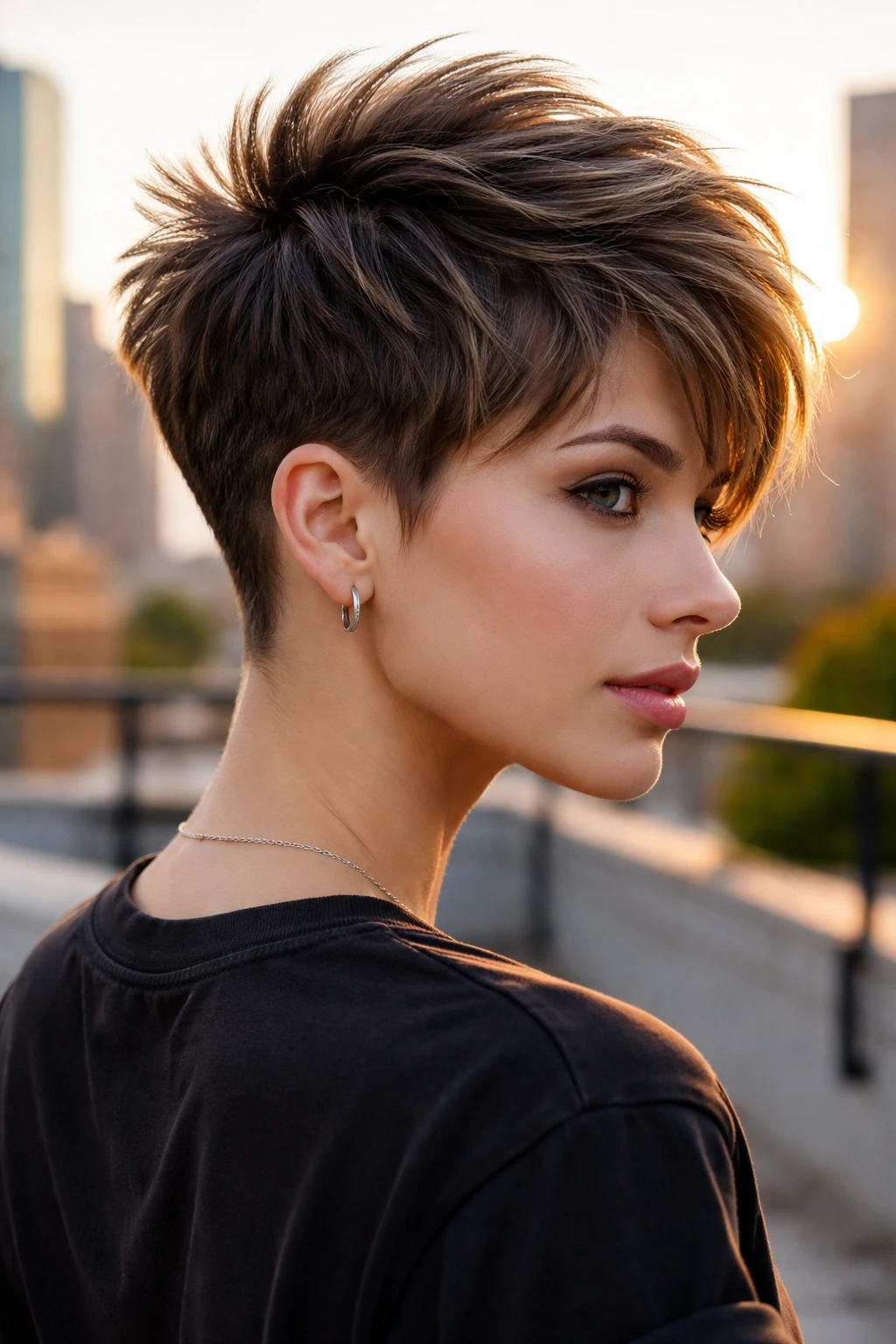 Close-up portrait of a real woman with Edgy Pixie featuring nape taper and crown lift