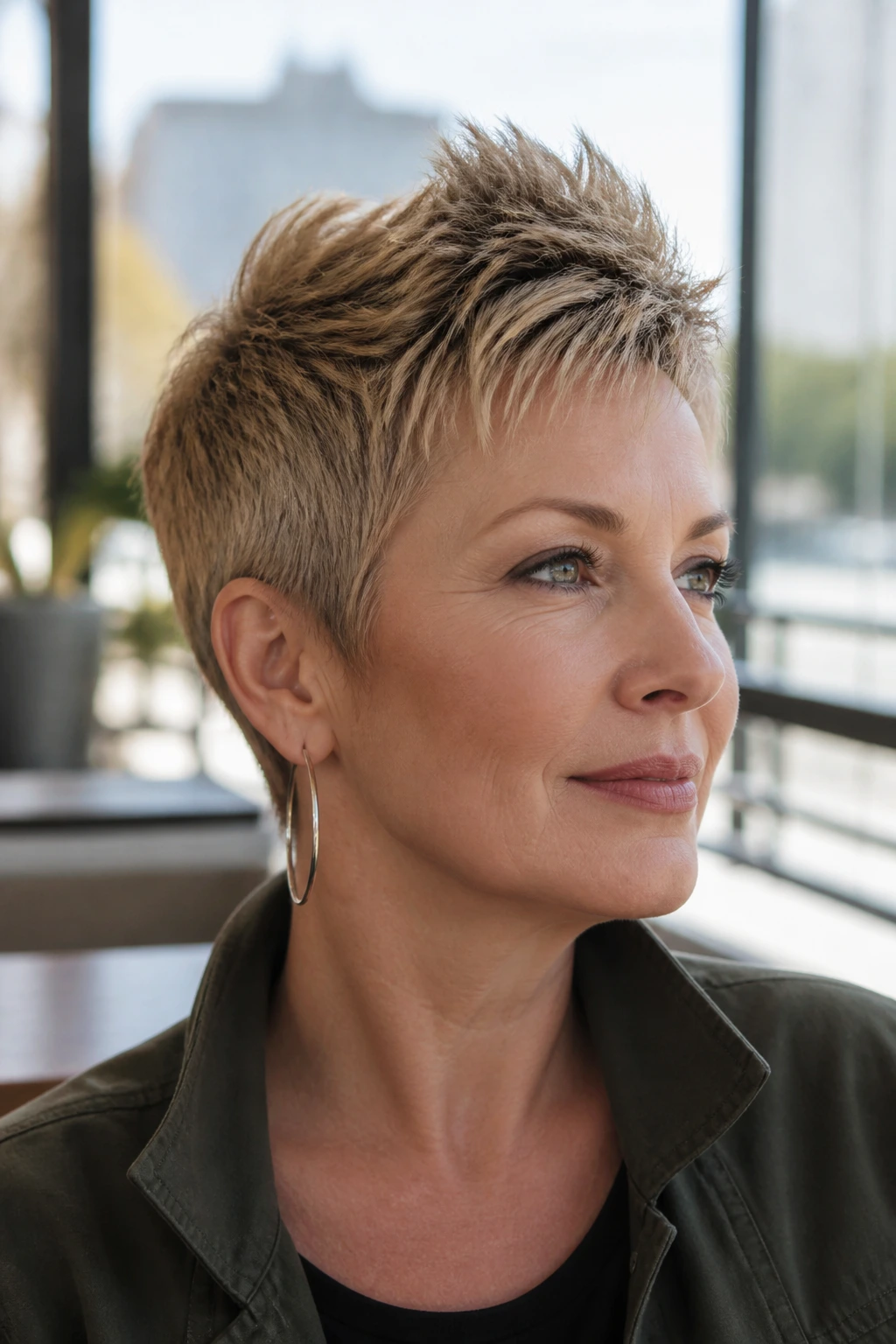 Close-up of a woman with a pixie-faux hawk hairstyle in an urban setting.