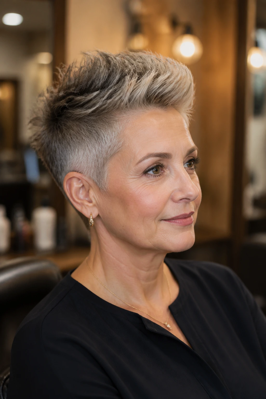 Close-up portrait of a real woman with a pixie faux-hawk in a warm salon.