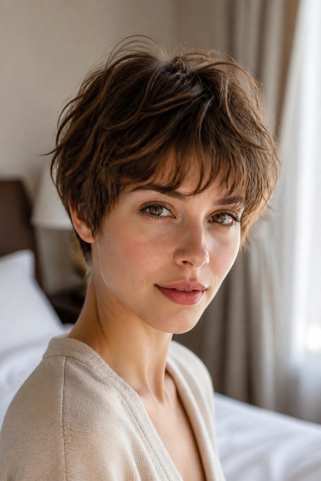 Close-up of a real woman with a feathered French pixie