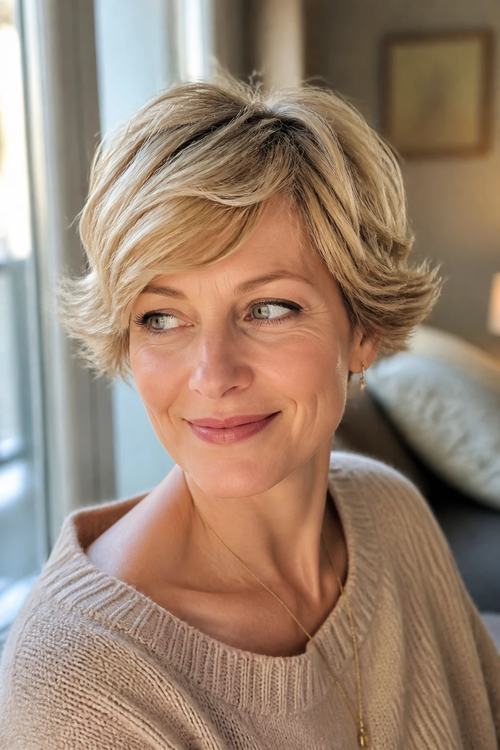 Close-up portrait of a real woman with pixie cut featuring soft flicked sides in warm blonde.
