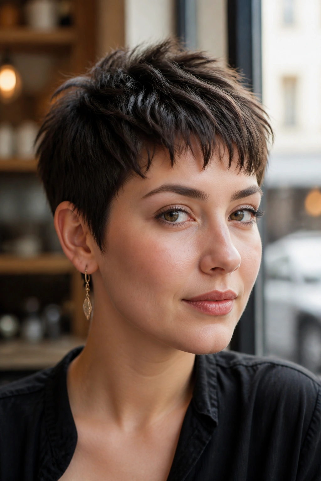 Close-up portrait of a real person with a textured pixie fringe in a cafe setting