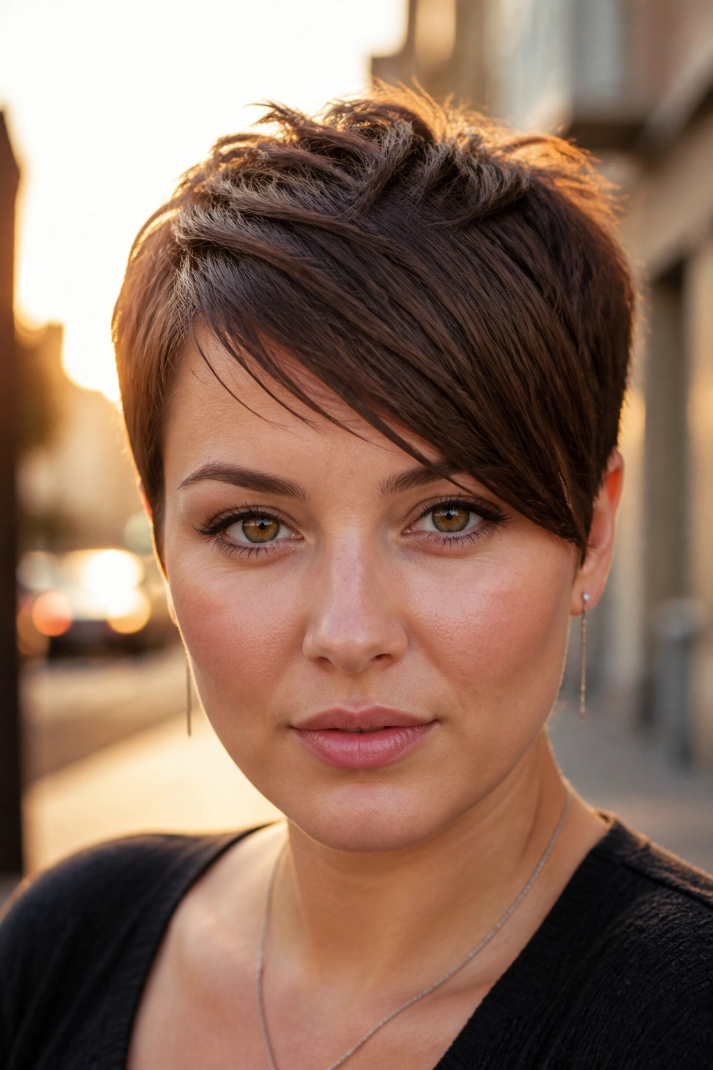 Close-up portrait of a woman with short pixie fringe and a long diagonal in golden hour light