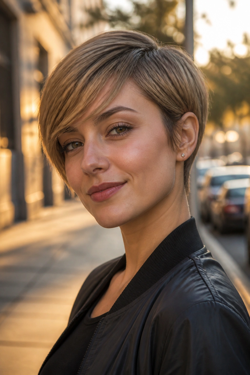 Close-up of a real person with a pixie and side-swept fringe on a street at golden hour