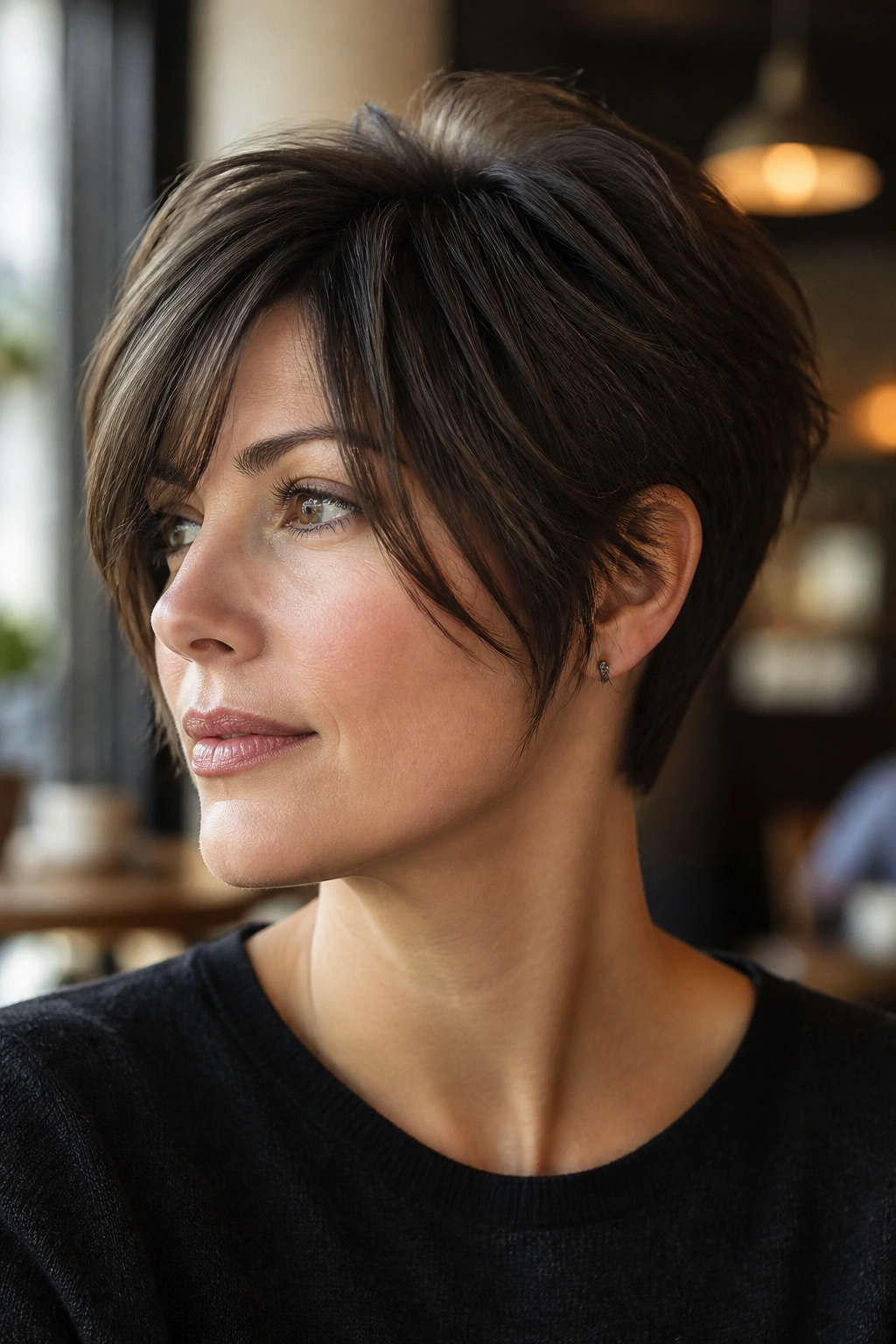 Close-up portrait of a real woman with Face-Framing Fringe Long Pixie hairstyle.