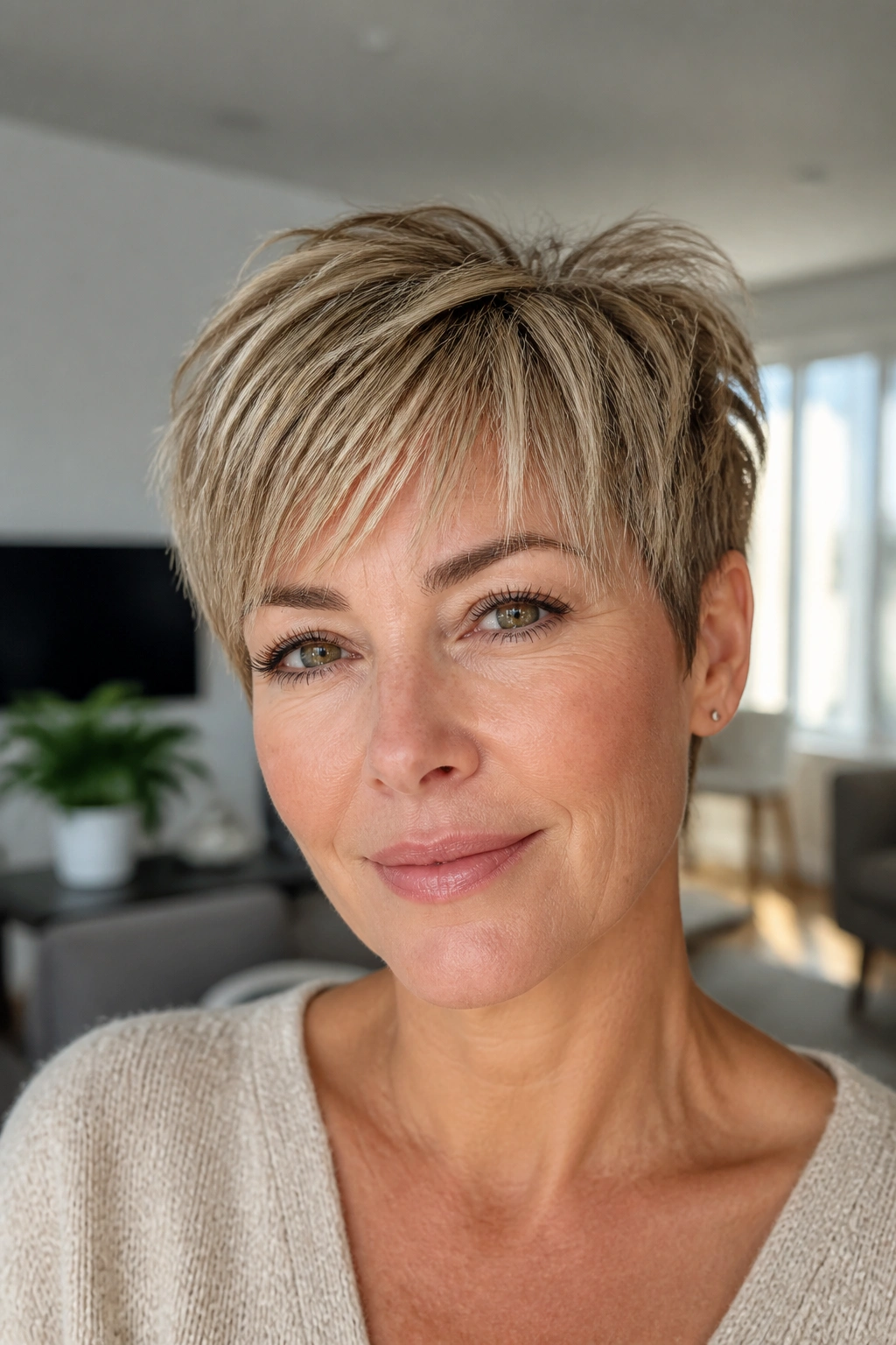 Close-up of a real woman with a piecey fringe pixie barely touching the brows