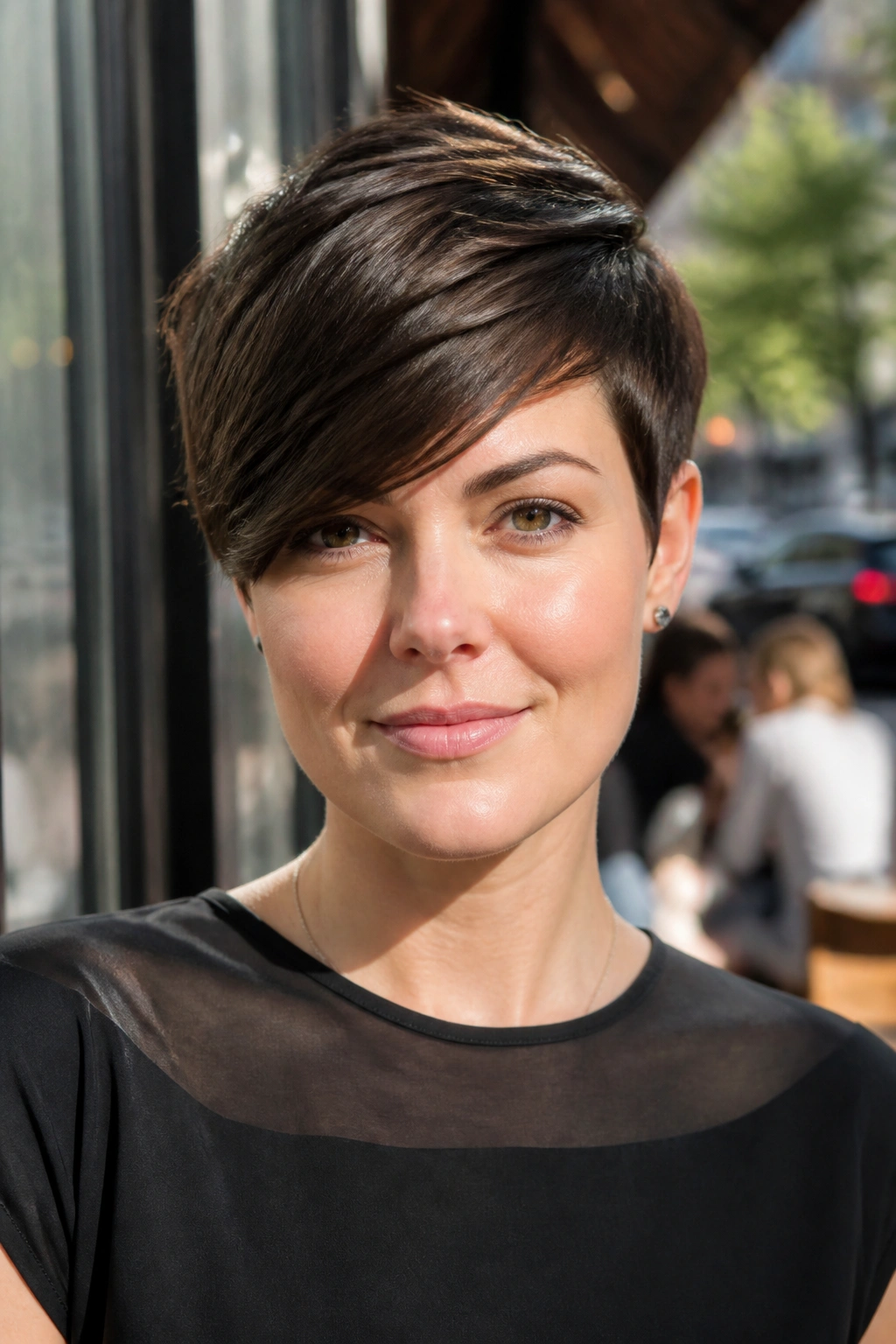 Close-up portrait of a real woman with a pixie cut and long side fringe