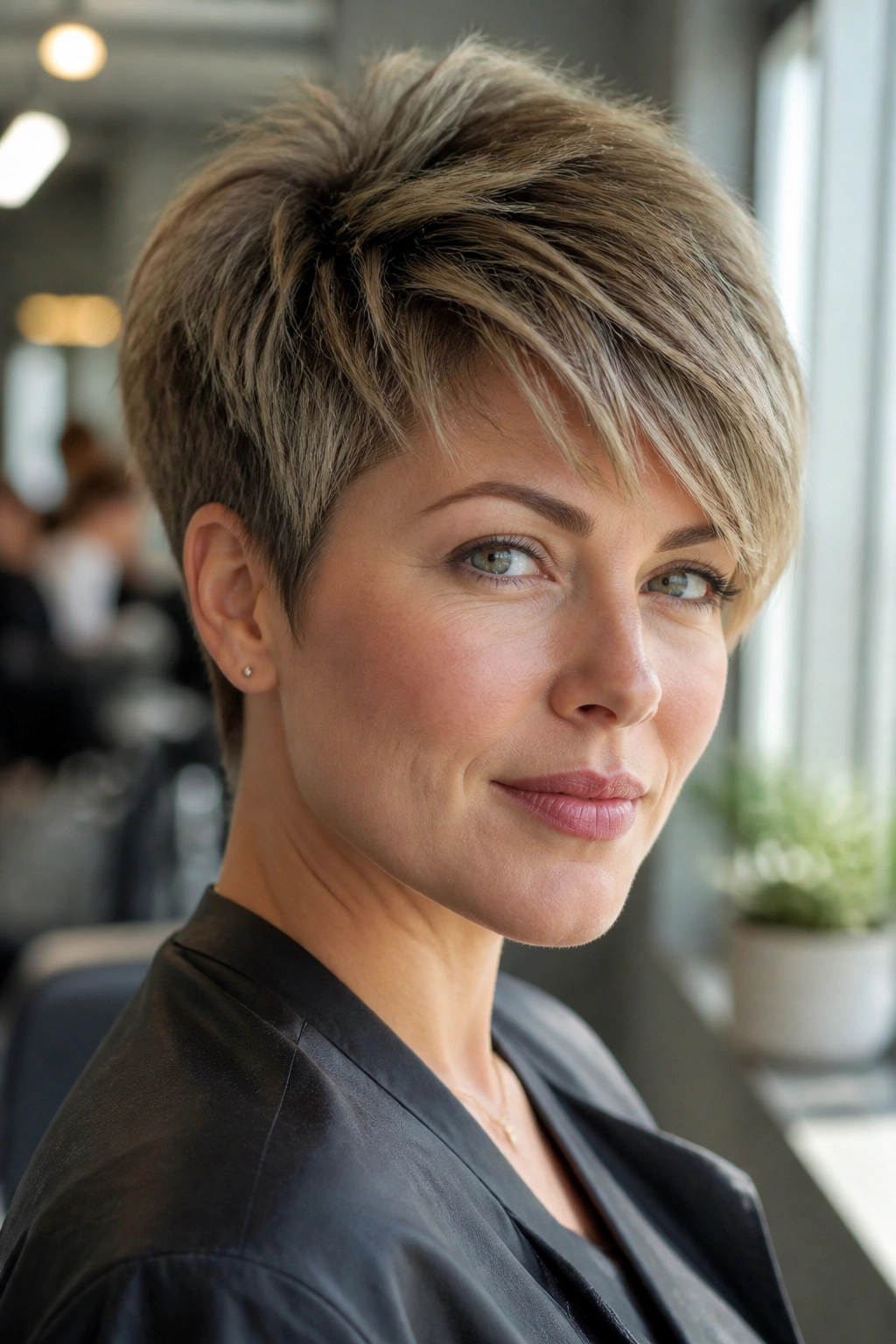 Close-up of a real woman with a textured pixie and side-swept fringe, lifted crown and soft temples.