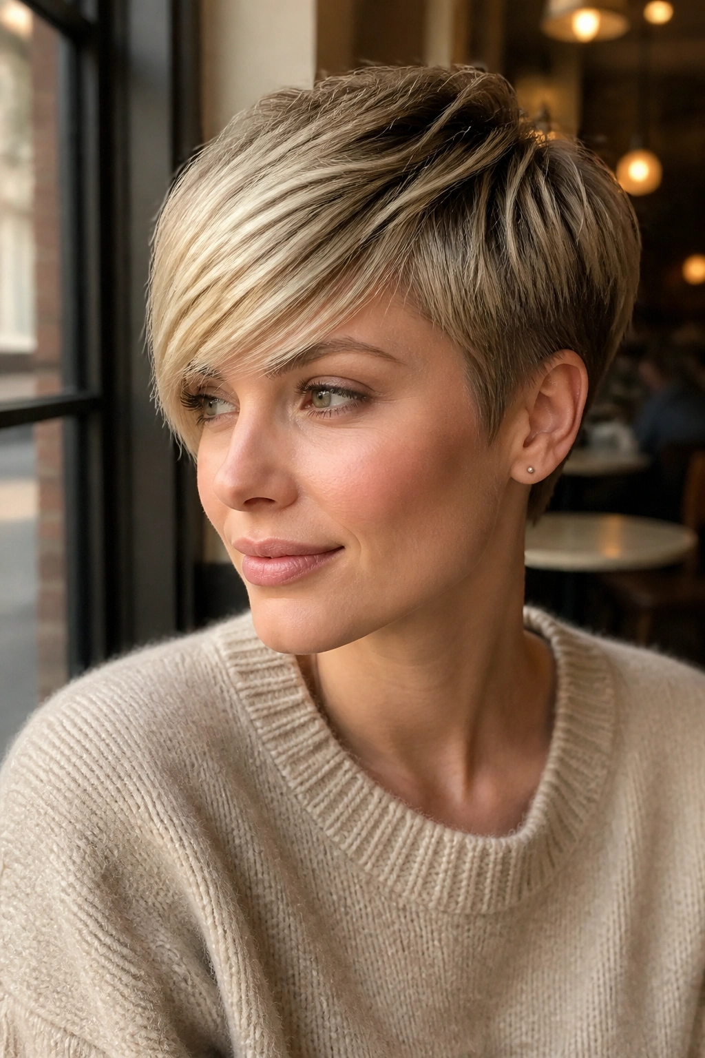 Close-up portrait of a real woman with a long fringe side-swept pixie