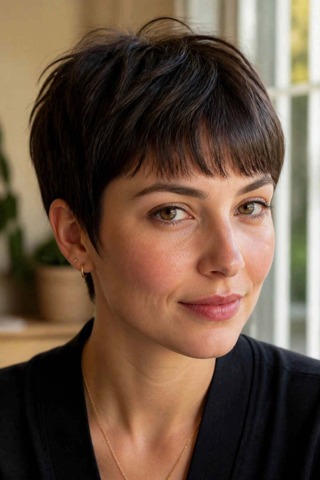 Real woman with pixie-length French fringe, portrait in warm light.