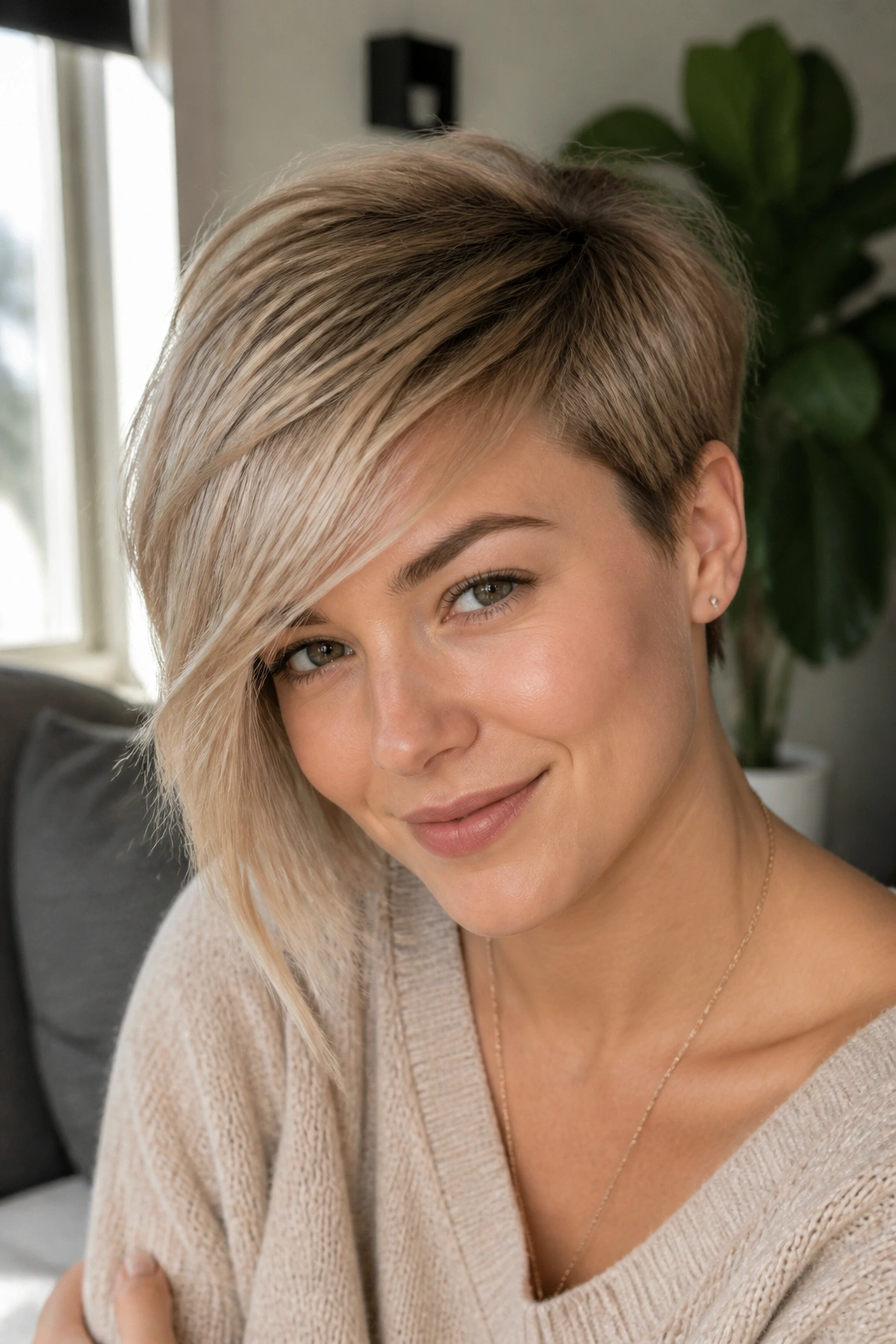 Portrait of a real girl with a side-swept fringe pixie, soft mood in living room light.
