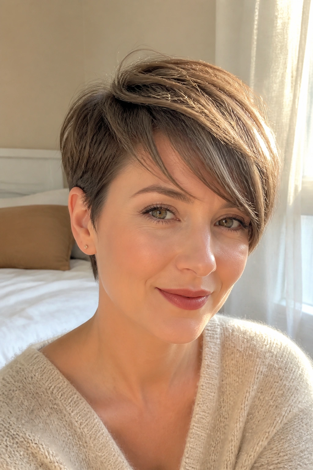 Close-up portrait of a real woman with side-swept fringe pixie in warm window light.