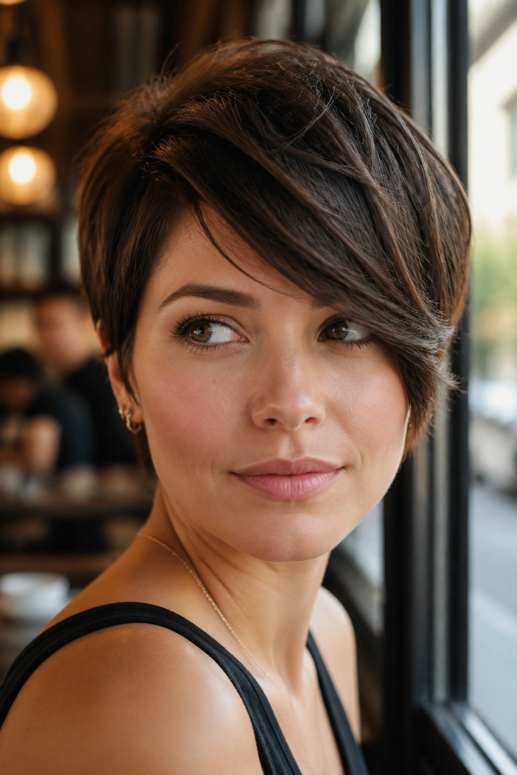 Close-up of a woman with a side-swept pixie fringe in warm cafe light