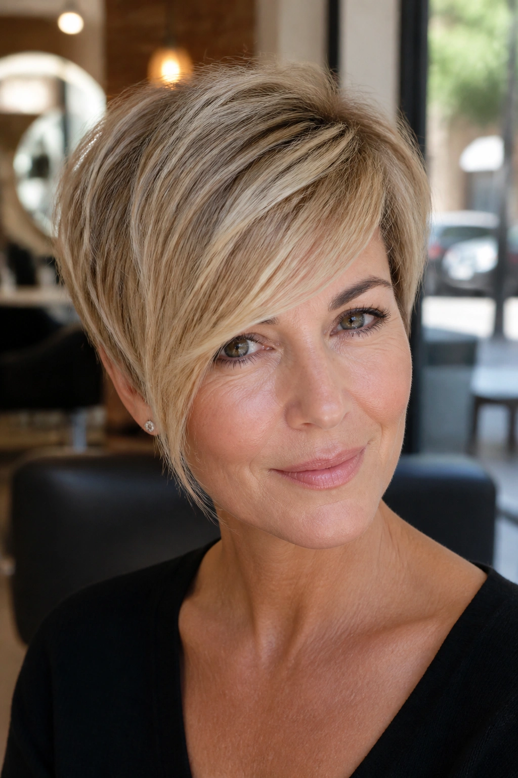 Close-up portrait of woman with long fringe side-swept pixie