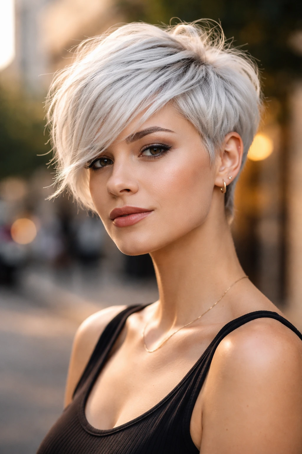 Portrait of a real person with a textured pixie and diagonal fringe highlighting bone structure.