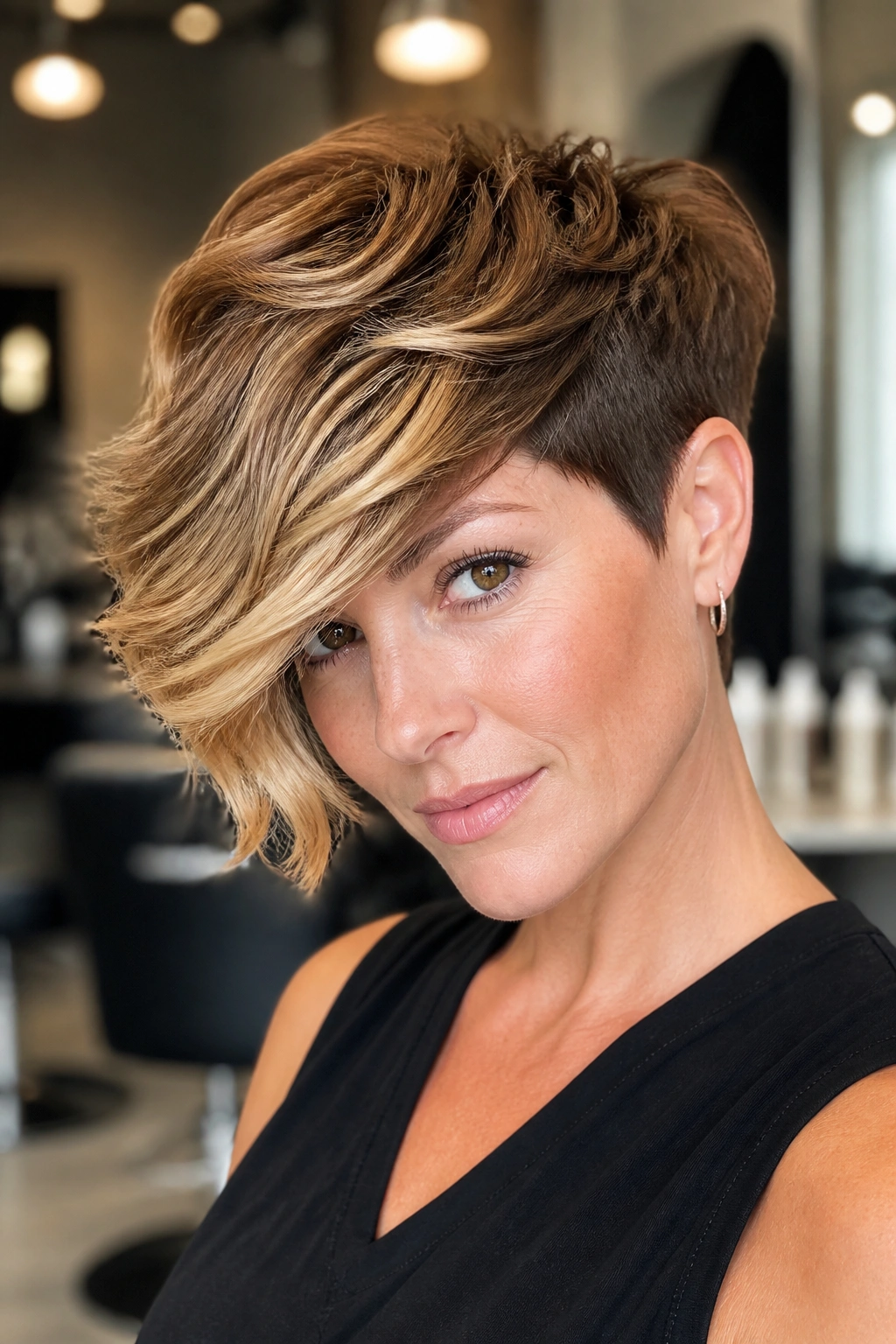 Close-up of a real woman with textured pixie and long swept fringe showing movement