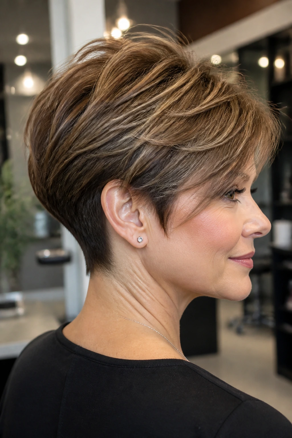 Real woman with graduated long pixie and stacked back in a stylish salon
