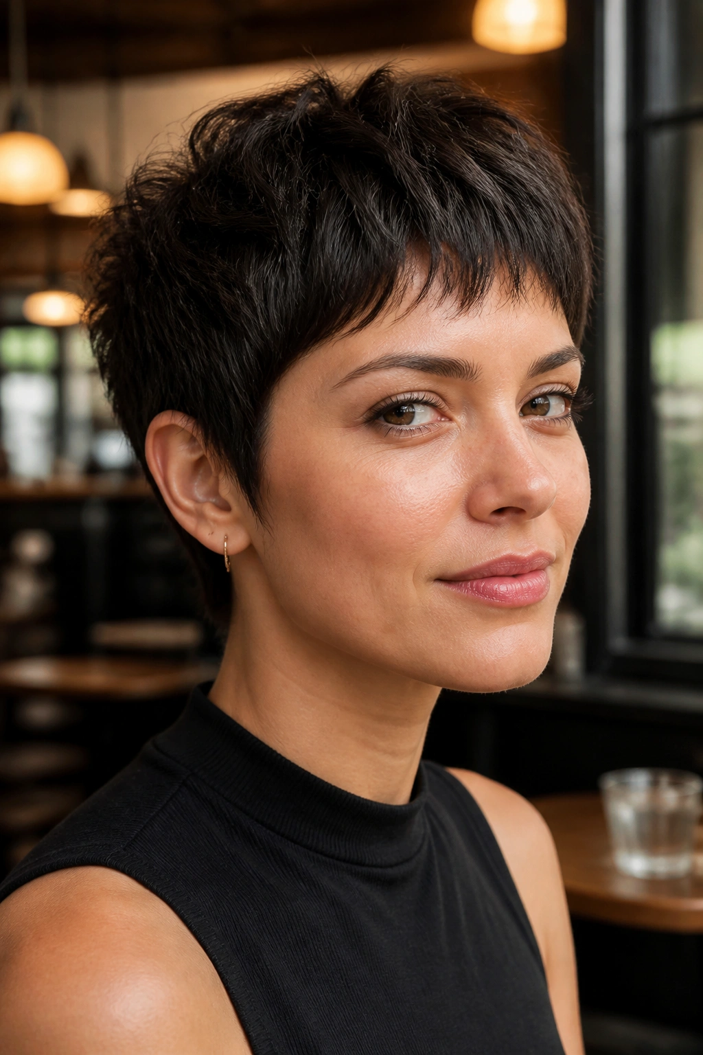 Close-up of a real woman with a messy pixie crop and feathered baby bangs in a cafe setting.