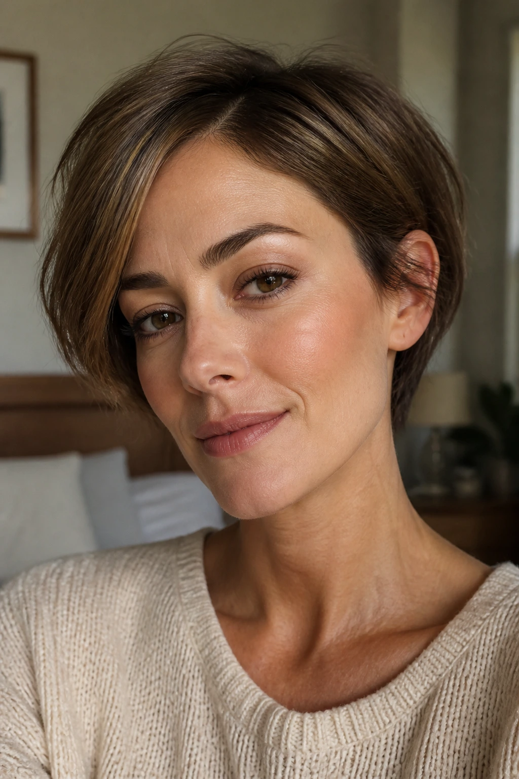 Close-up portrait of a real woman with a grown-out brown pixie for fine hair, side-swept fringe tucked behind the ear