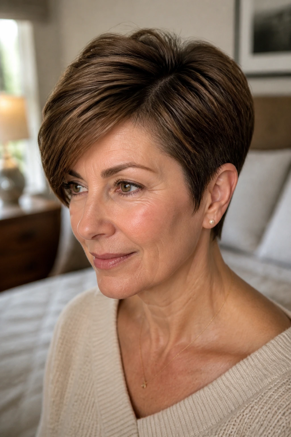 Close-up portrait of a real woman with a side-parted tapered brown pixie under warm window light
